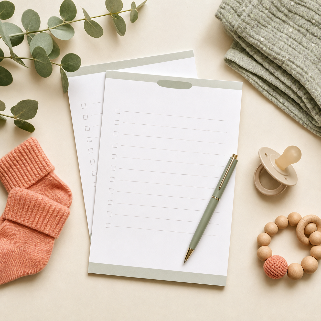 Baby prep checklist pages arranged with soft newborn essentials