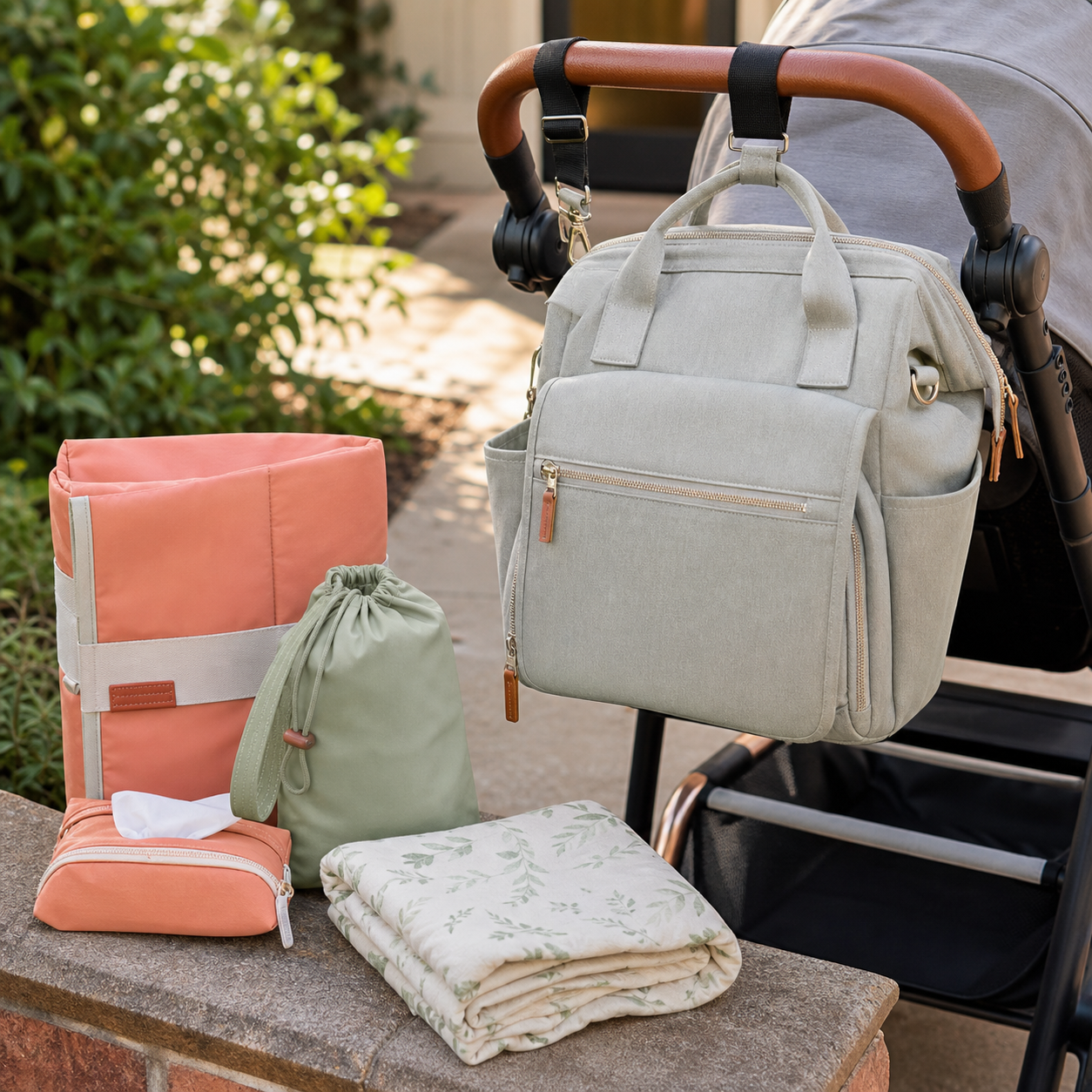 Packed diaper bag with first-outing baby essentials