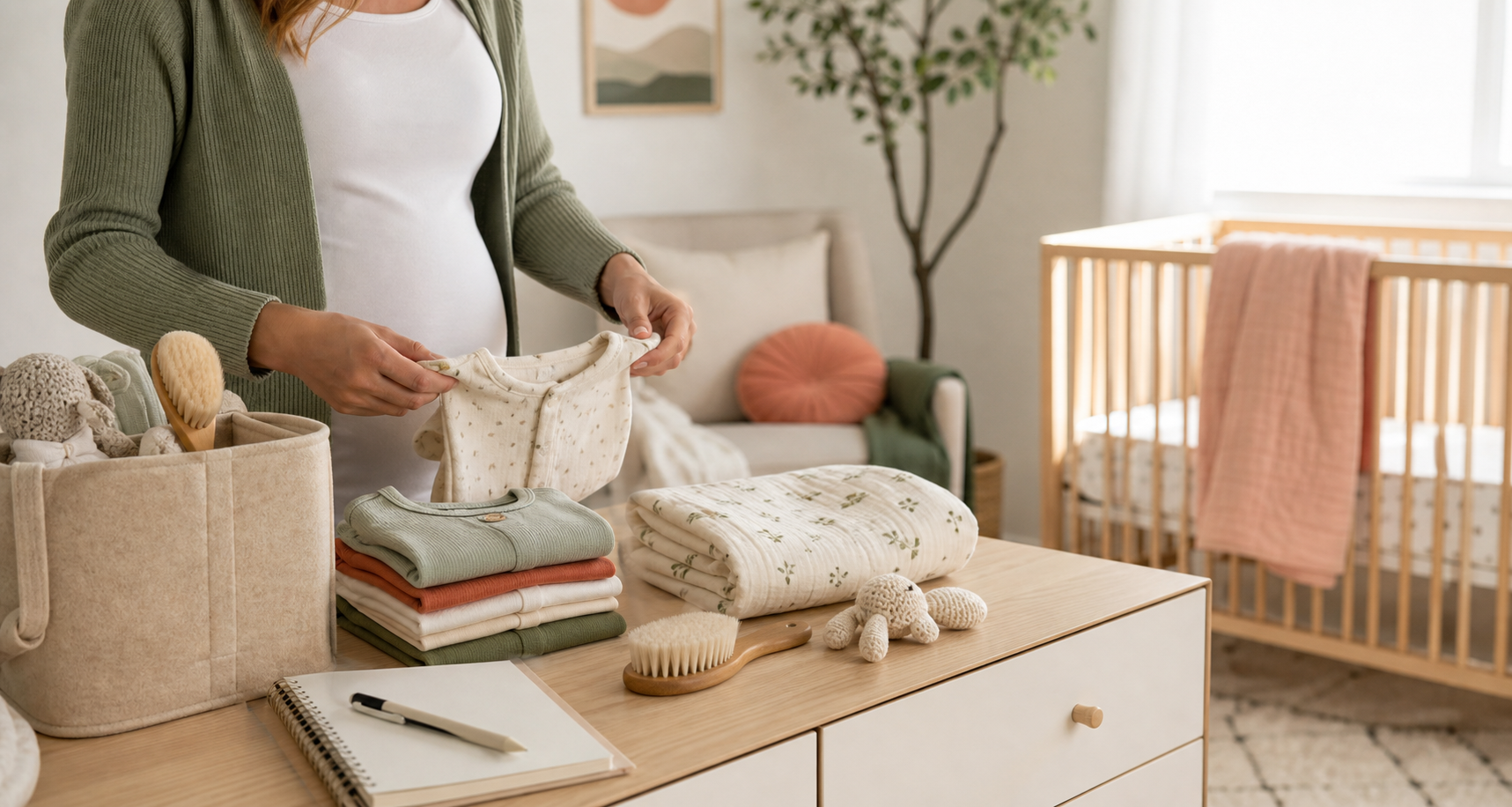 Warm nursery dresser with baby-prep essentials and a checklist notebook