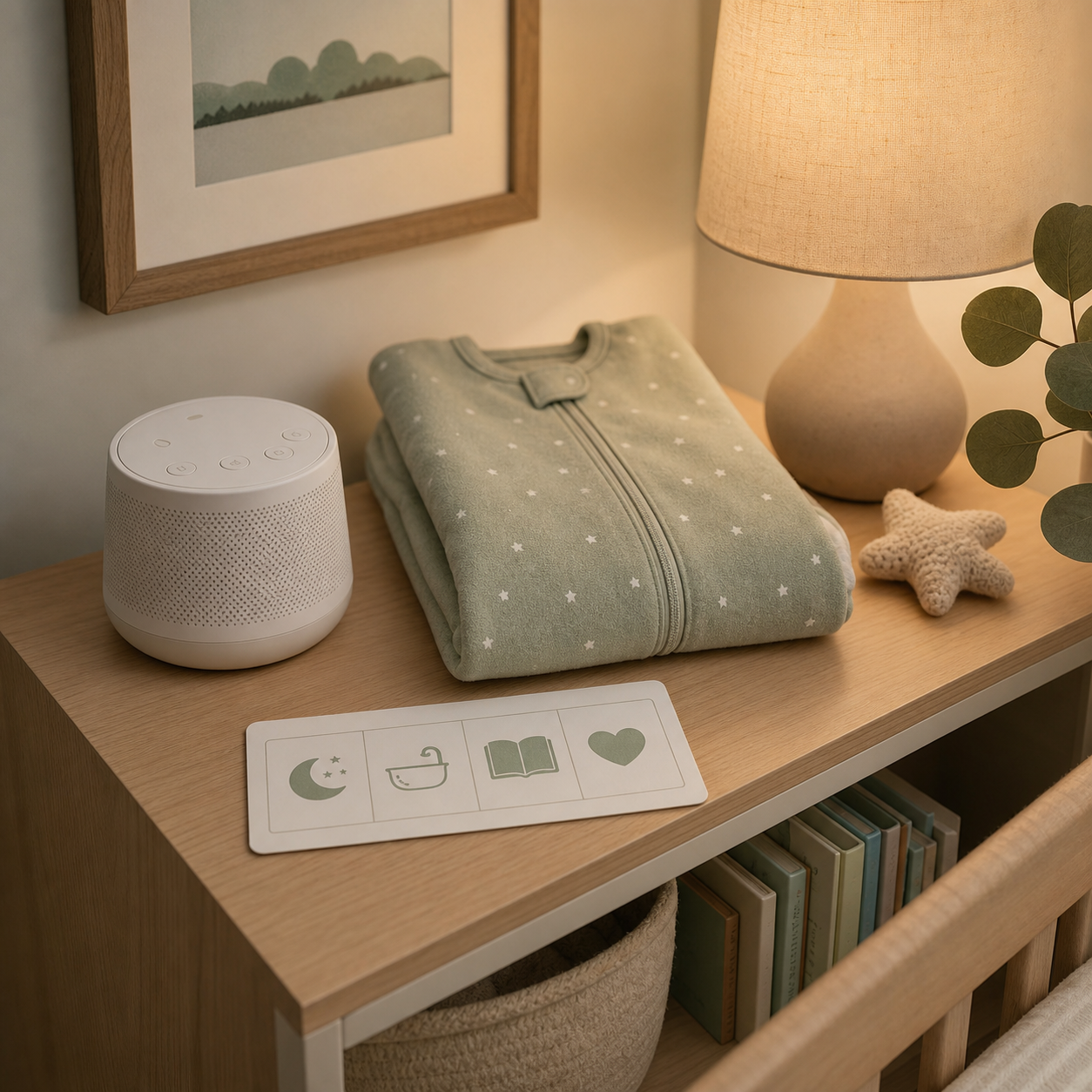 Calm nursery shelf with white noise machine and bedtime routine items